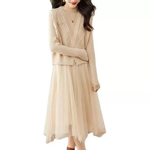 韩版纯色拼接网纱保暖2件套针织连衣裙 商品图4