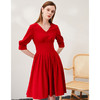 EITIE爱特爱春新款复古V领高腰时尚显瘦百褶泡泡袖红色连衣裙A2307101 商品缩略图1