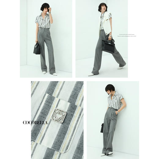 COCOBELLA亮丝竖条纹短袖衬衫女宽松休闲舒适全棉衬衣SR607 商品图2