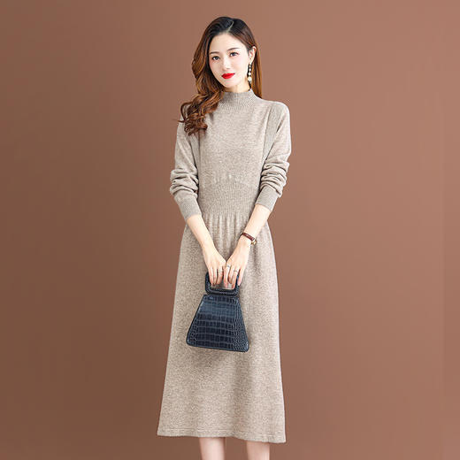纯羊毛针织冬季内搭，半高领收腰纯色毛衣裙CC-68-1006 商品图1