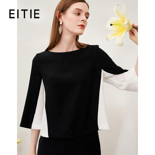 EITIE爱特爱春新款时尚一字领撞色七分袖通勤直筒宽松T恤上衣A2313103 商品图0