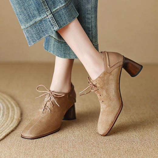 OLD 6229aa深口高跟鞋粗跟翻皮单鞋乐福鞋方头系带 商品图1