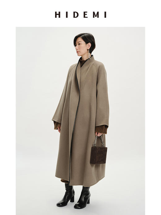 HIDEMI 美利奴羊毛包皮边不对称设计感廓形长款大衣 商品图0