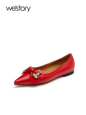 westory兔年新款本命红好运鞋真皮蝴蝶结气质名媛低跟单鞋55231