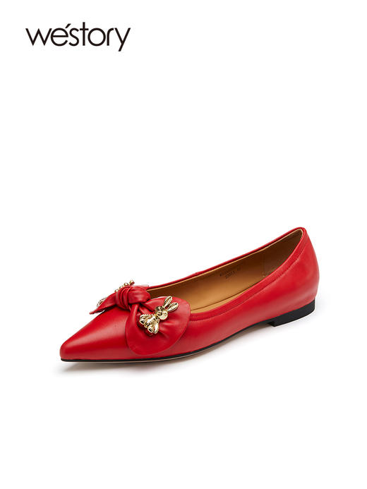 westory兔年新款本命红好运鞋真皮蝴蝶结气质名媛低跟单鞋55231 商品图0