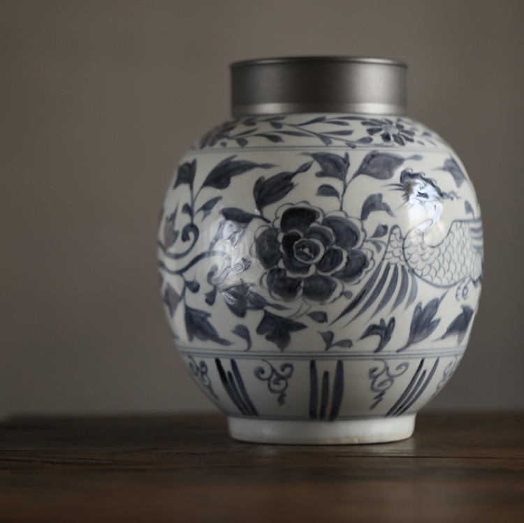 仿古【元·凤穿牡丹纹】锡口茶叶罐