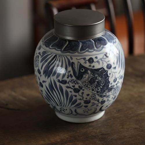 仿古【元·蕃莲鱼藻图】锡口茶叶罐 商品图1