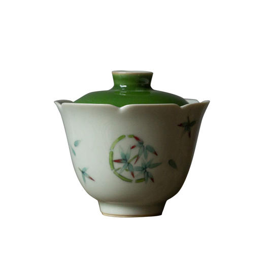 茶香记 古青釉花口盖碗  手绘秀竹  葵口造型  古典雅致 商品图4