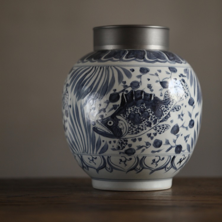 仿古【元·蕃莲鱼藻图】锡口茶叶罐