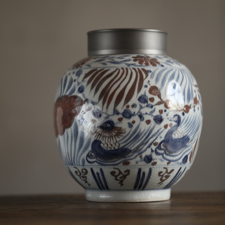 仿古【元·莲塘鸳鸯纹】锡口茶叶罐