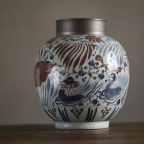 仿古【元·莲塘鸳鸯纹】锡口茶叶罐