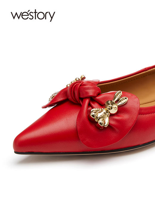 westory兔年新款本命红好运鞋真皮蝴蝶结气质名媛低跟单鞋55231 商品图1