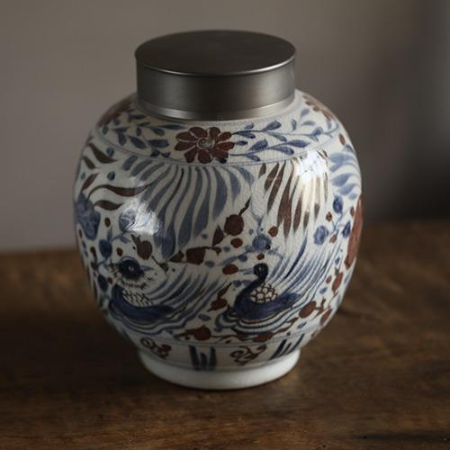 仿古【元·莲塘鸳鸯纹】锡口茶叶罐 商品图1