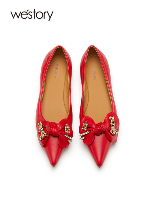 westory兔年新款本命红好运鞋真皮蝴蝶结气质名媛低跟单鞋55231 商品图2