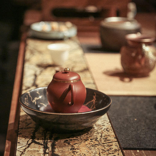 南越浅碗中式亚光白黑金箔茶承壶承铜茶托养壶盘干泡盘储水陶瓷 商品图1