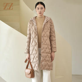 佐尔美2022冬季新款 简约气质菱形格连帽中长款羽绒服女E24YY18