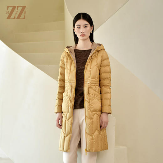 佐尔美2022冬季新款 气质保暖连帽松紧腰中长款羽绒服女E24YY19 月销 0 商品图0