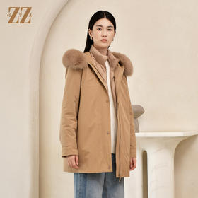 佐尔美2022冬季新款 英伦菱形走线内胆派克狐毛领羽绒服女E24YH04