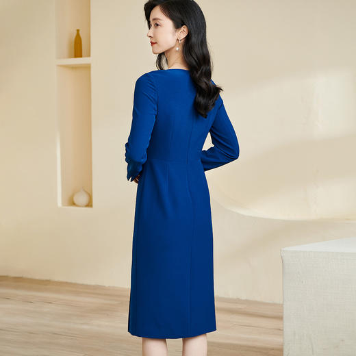 剩S/M 米思阳2026春季新款复古方领开叉包臀裙子褶皱收腰长袖连衣裙0149 商品图3