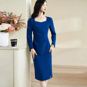 剩S/M 米思阳2026春季新款复古方领开叉包臀裙子褶皱收腰长袖连衣裙0149