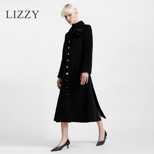 LIZZY 秋冬欧式手工盘花胸针侧开叉撞色扣绵羊毛长款大衣外套6364 商品图1