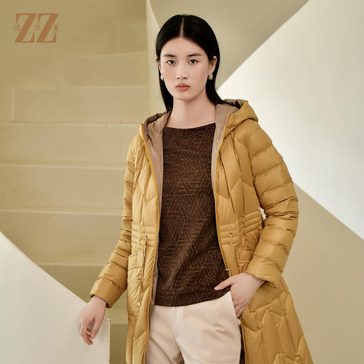 佐尔美2022冬季新款 气质保暖连帽松紧腰中长款羽绒服女E24YY19 月销 0 商品图1