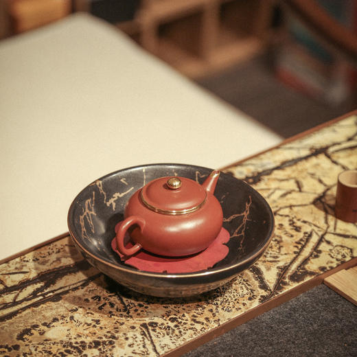 南越浅碗中式亚光白黑金箔茶承壶承铜茶托养壶盘干泡盘储水陶瓷 商品图2