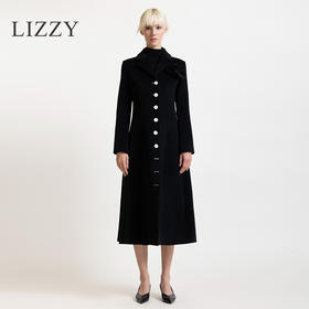 LIZZY 秋冬欧式手工盘花胸针侧开叉撞色扣绵羊毛长款大衣外套6364