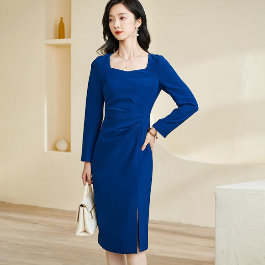 剩S/M 米思阳2026春季新款复古方领开叉包臀裙子褶皱收腰长袖连衣裙0149 商品图2