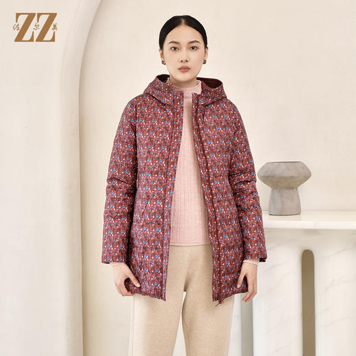 佐尔美冬季新款 双面穿碎花图案连帽羽绒服女E24YY07 商品图0