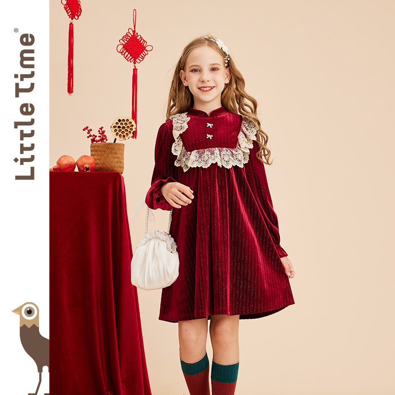littletime女童酒红金丝绒裙2022秋冬新款拜年服长袖公主连衣裙