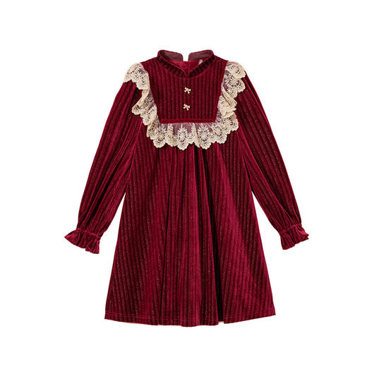 littletime女童酒红金丝绒裙2022秋冬新款拜年服长袖公主连衣裙 商品图4