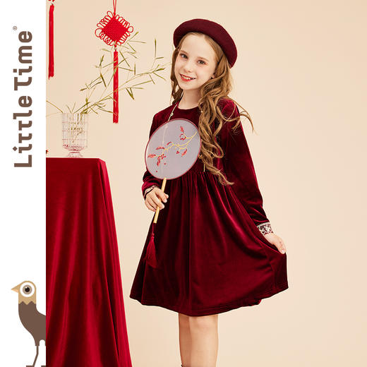 【断码清仓】littletime女童酒红丝绒裙2023春秋新款复古秋冬长袖公主连衣裙 商品图1