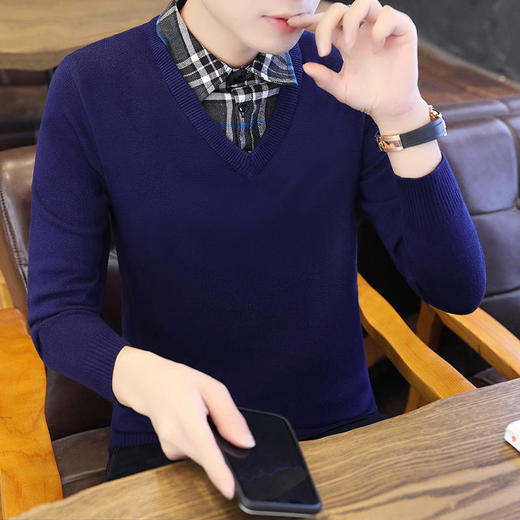 春秋冬季假两件毛衣男潮流衬衫领帅气针织打底衫秋装有带领上衣服YCL-248*2503 商品图3