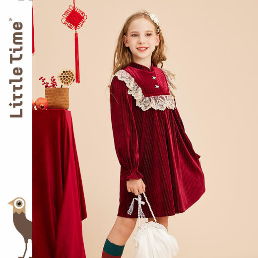 littletime女童酒红金丝绒裙2022秋冬新款拜年服长袖公主连衣裙 商品图2