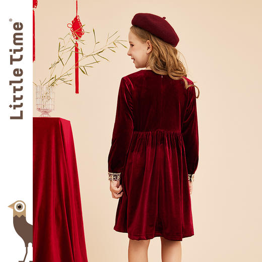 【断码清仓】littletime女童酒红丝绒裙2023春秋新款复古秋冬长袖公主连衣裙 商品图2
