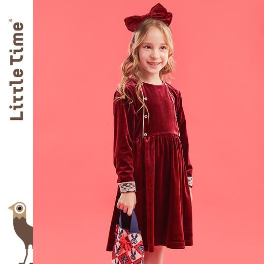 【断码清仓】littletime女童酒红丝绒裙2023春秋新款复古秋冬长袖公主连衣裙 商品图3