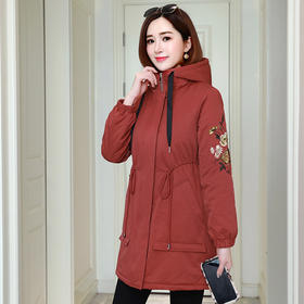 保暖显瘦，绣花重工夹棉外套中长款收腰连帽HR-MSYK677-1