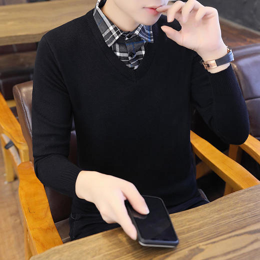 春秋冬季假两件毛衣男潮流衬衫领帅气针织打底衫秋装有带领上衣服YCL-248*2503 商品图5