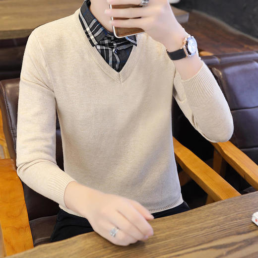 春秋冬季假两件毛衣男潮流衬衫领帅气针织打底衫秋装有带领上衣服YCL-248*2503 商品图1