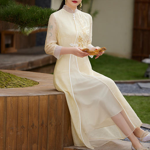 OG-6020新款改良奥黛旗袍茶服中式复古盘扣中国风女装刺绣连衣裙 商品图1