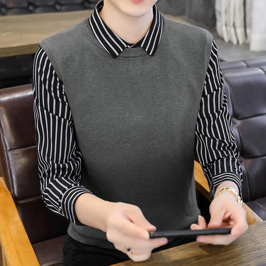 春秋冬季假两件毛衣男潮流衬衫领帅气针织打底衫秋装有带领上衣服YCL-248*2503 商品图0