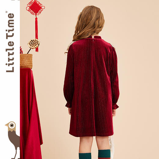 littletime女童酒红金丝绒裙2022秋冬新款拜年服长袖公主连衣裙 商品图1