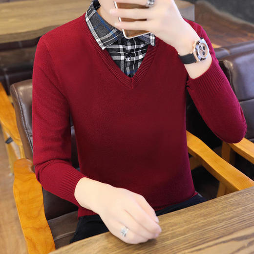 春秋冬季假两件毛衣男潮流衬衫领帅气针织打底衫秋装有带领上衣服YCL-248*2503 商品图7