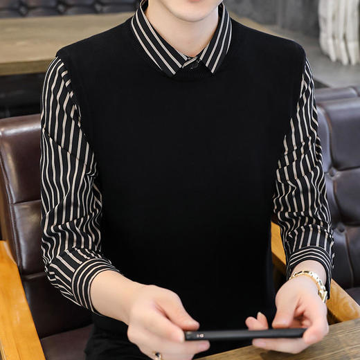 春秋冬季假两件毛衣男潮流衬衫领帅气针织打底衫秋装有带领上衣服YCL-248*2503 商品图2