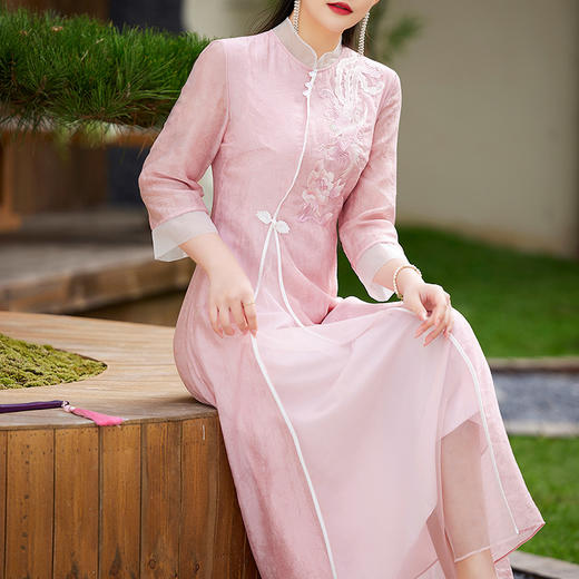 OG-6020新款改良奥黛旗袍茶服中式复古盘扣中国风女装刺绣连衣裙 商品图0
