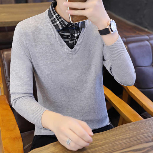 春秋冬季假两件毛衣男潮流衬衫领帅气针织打底衫秋装有带领上衣服YCL-248*2503 商品图6