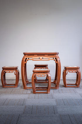 红桥红  家具严选  缅甸花梨（大果紫檀）【石面 78 仿故宫文竹 方桌五件套】