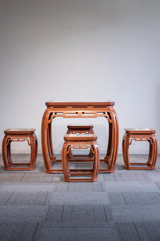 红桥红  家具严选  缅甸花梨（大果紫檀）【石面 78 仿故宫文竹 方桌五件套】 商品图0