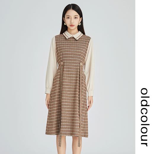 oldcolour2022冬季新款复古文艺格子拼接收腰中长款衬衫连衣裙女 商品图3